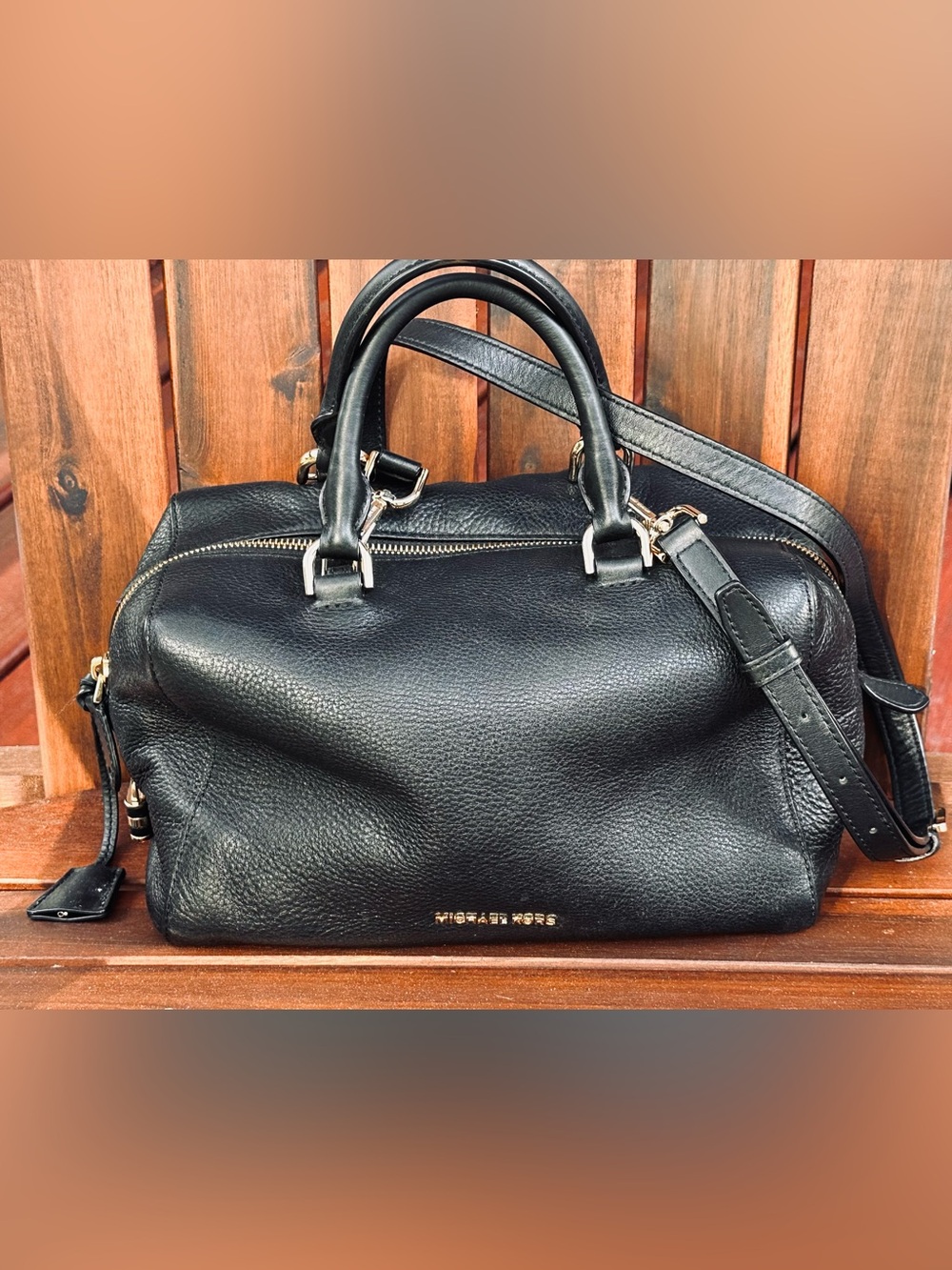 Michael Kors Kirby Padlock Black Pebbled Leather Crossbody Satchel Gold Accents